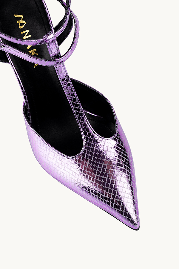 Rose Wonder - metalik špicaste cipele sa višom štiklom i duplim kaišem.